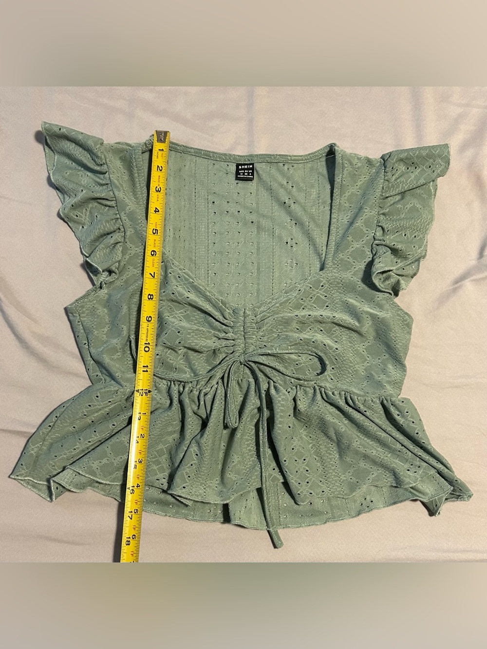 SHEIN Sage Green Eyelet Tie-Front Peplum Blouse- s/m - Picture 4 of 5